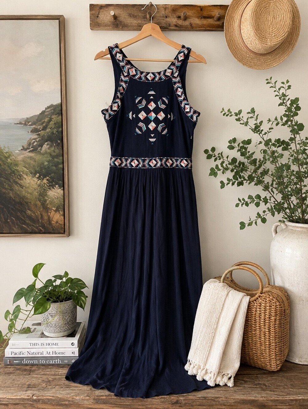 Cupcakes & Cashmere Navy Boho Maxi Dress Geometric Embroidered Trim Size 6